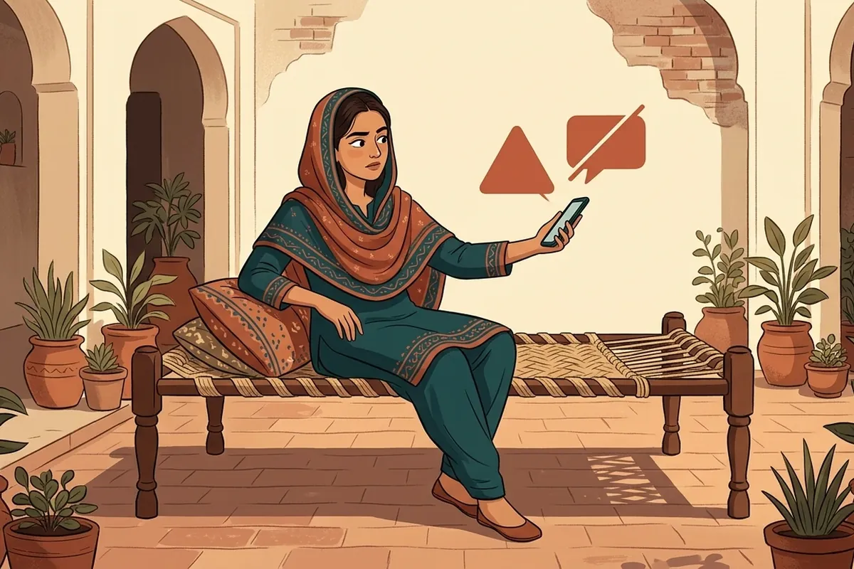 Woman in a Punjab courtyard looking warily at a warning message on her phone about a fake Apni Chat Apna Ghar offer