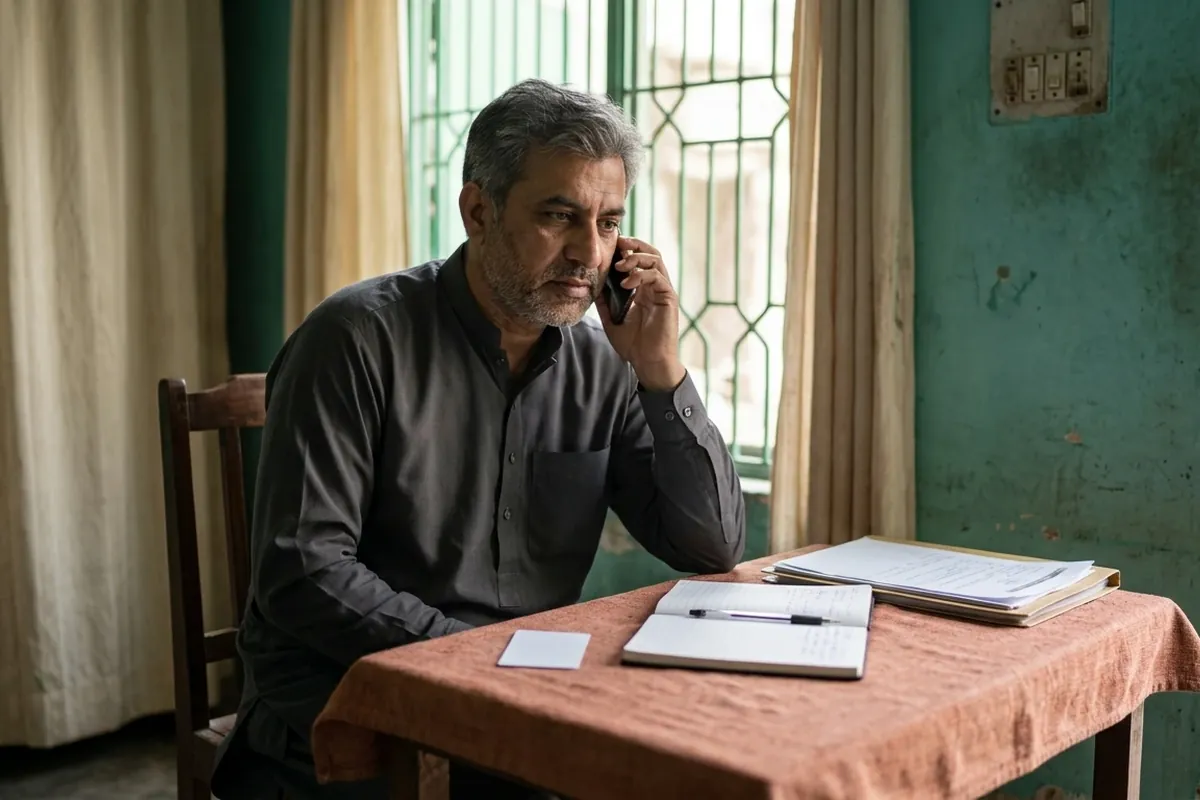 Pakistani man calling the Apna Ghar Apni Chat helpline number with CNIC and papers ready at home