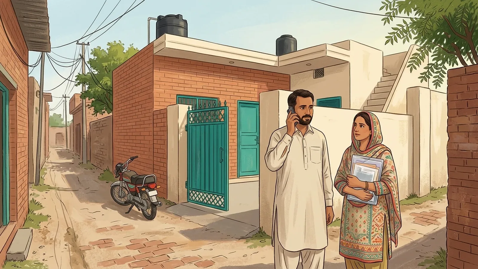 Pakistani couple outside their Punjab home calling the Apna Ghar Apni Chat helpline number on a mobile phone