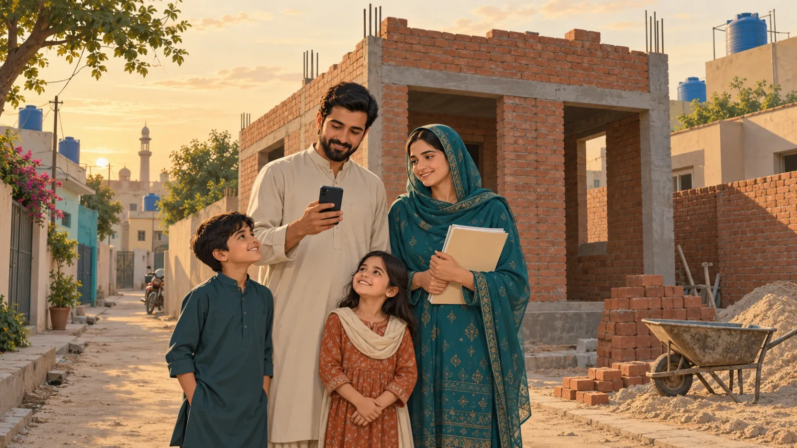 Pakistani family outside a half-built brick home checking Apna Ghar scheme online registration 2026 last date