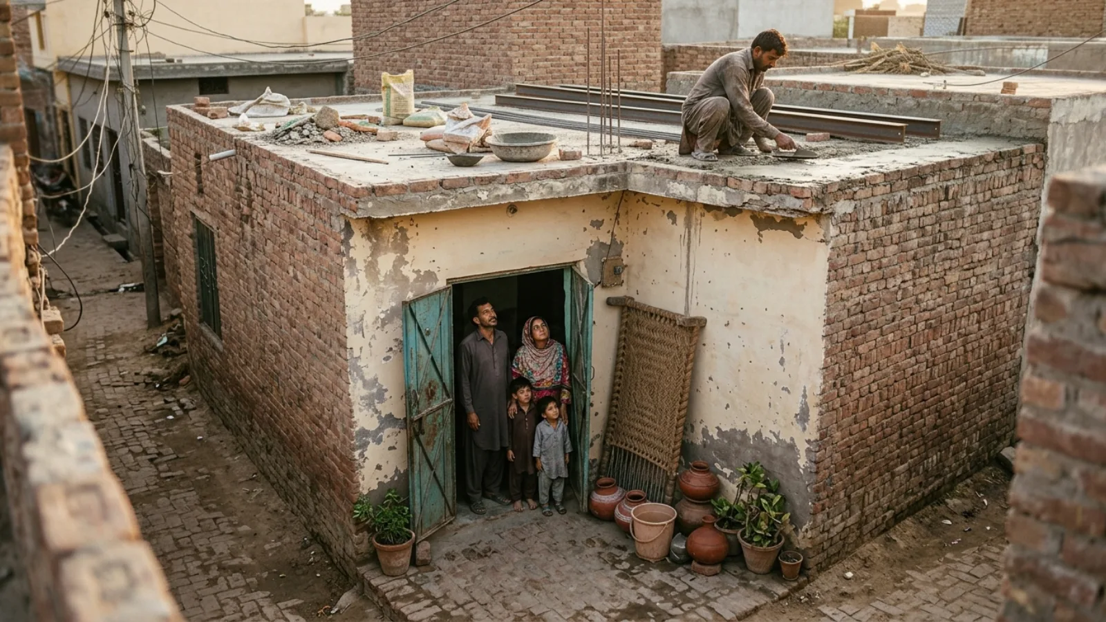 Pakistani family watching a mason strengthen the roof of their small brick house under Apna Ghar Mehfooz Ghar
