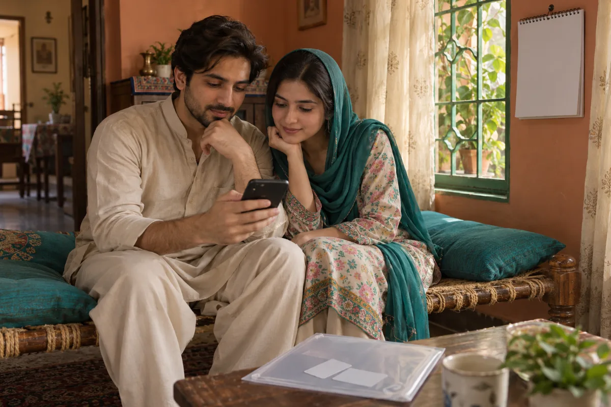 Pakistani family checking their Apni Chhat Apna Ghar loan status by CNIC on a phone instead of a list