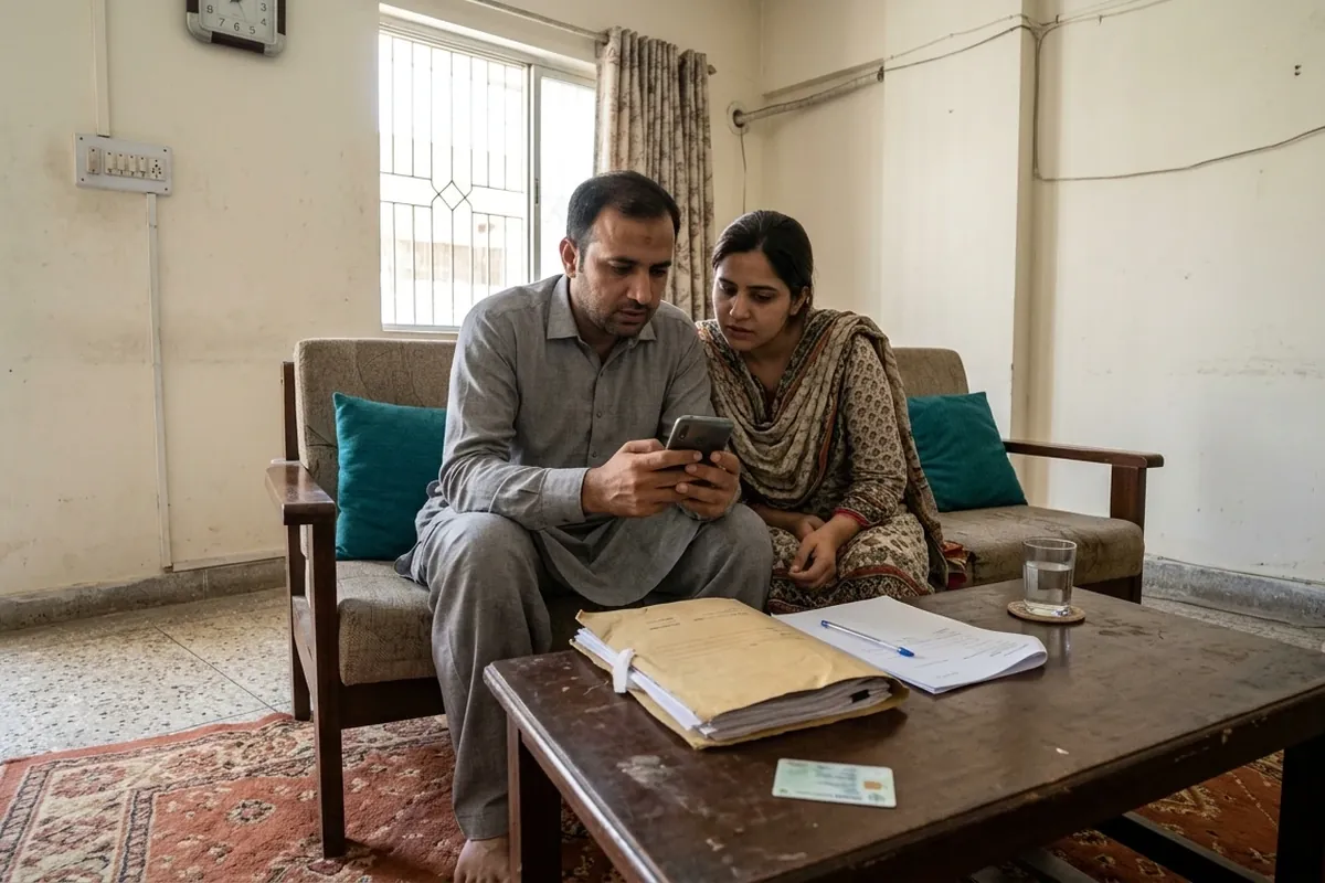 Family in Karachi checking the apna ghar scheme Sindh online registration on a mobile phone