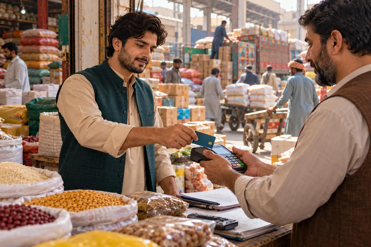 Shop owner paying a supplier by card at a wholesale market, as Asaan Karobar Card holders do