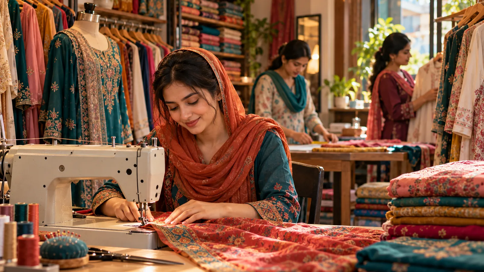 Woman entrepreneur in her tailoring boutique in Punjab, the kind of business Asaan Karobar Finance supports