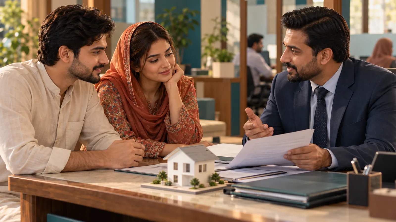 Young couple discussing a house loan with a bank officer at a bank branch in Pakistan