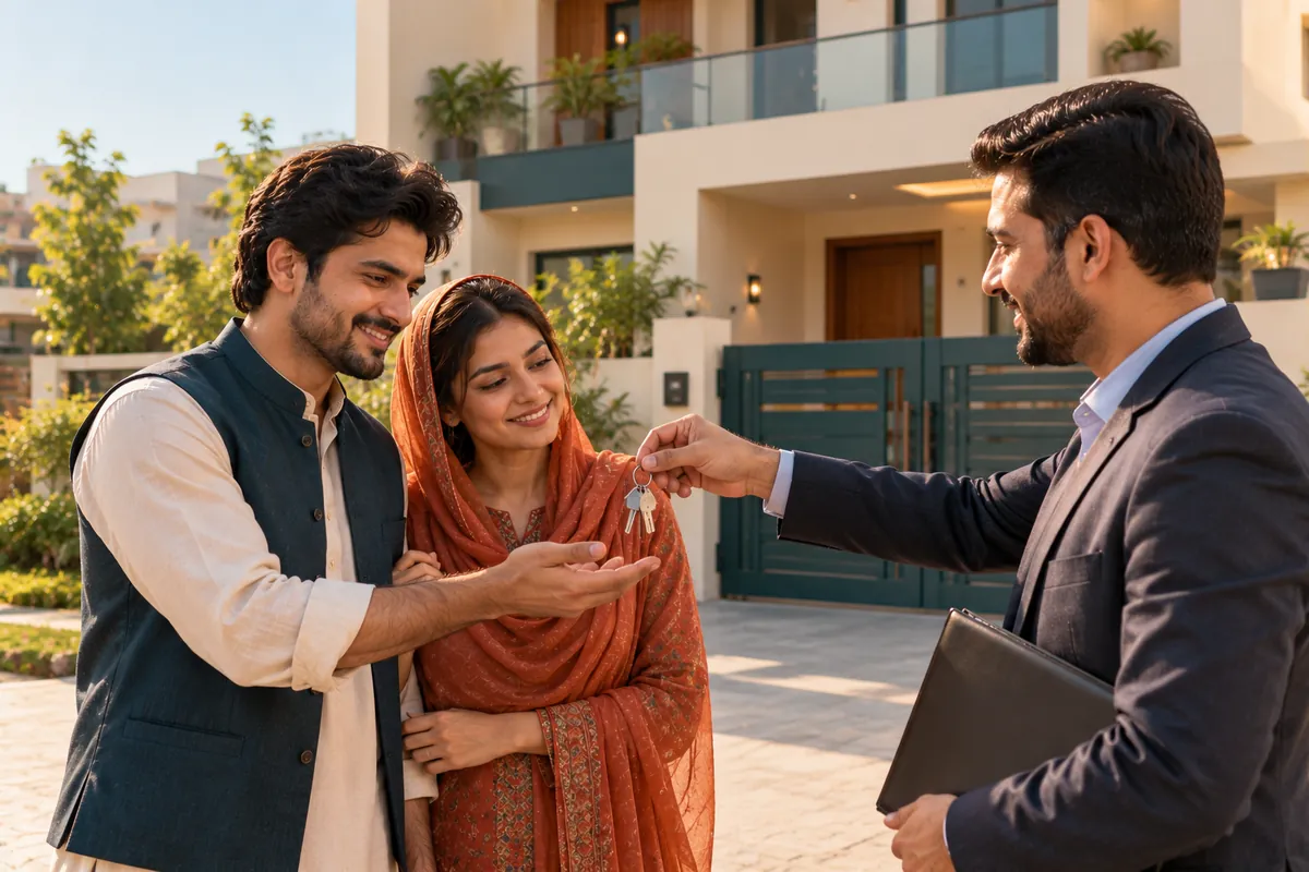 Pakistani couple receiving the keys to their new townhouse bought with a bank house loan