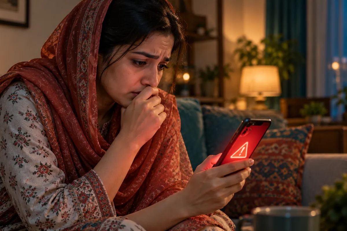 Worried woman looking at a red warning on her phone from an illegal loan app in Pakistan