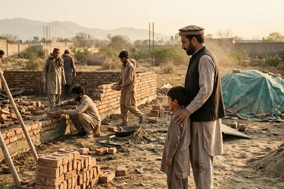 Family in Khyber Pakhtunkhwa watching construction of their home on their own plot, apna ghar scheme KPK