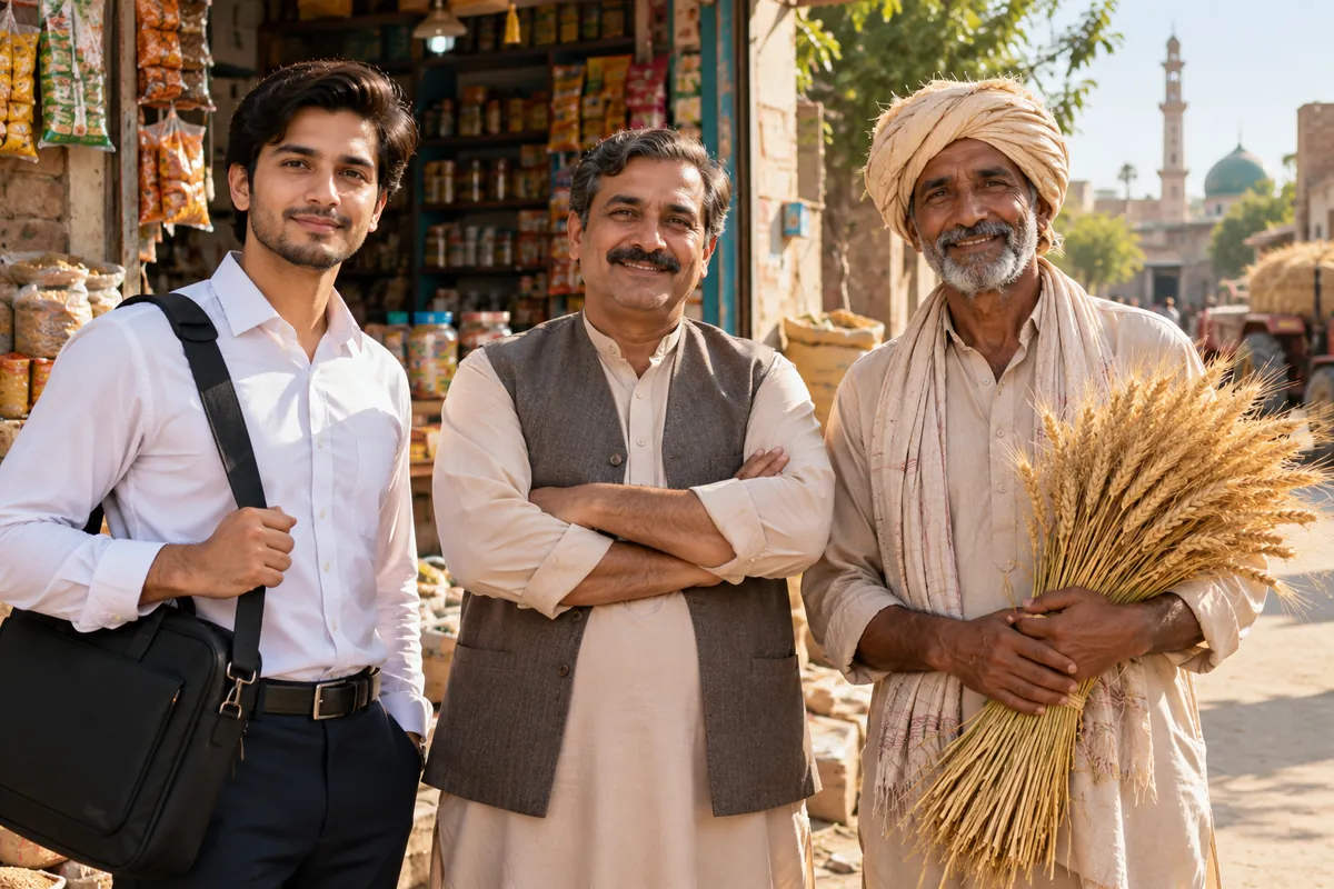 Young graduate, shopkeeper and farmer in a Punjab street, each suited to a different loan scheme in Pakistan
