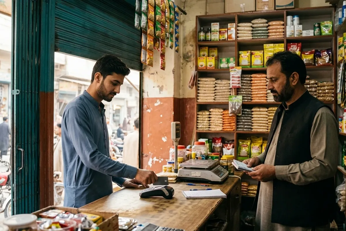 Small shop owner in Lahore using a business card at the counter, linked to Asaan Karobar under Maryam Nawaz loan scheme