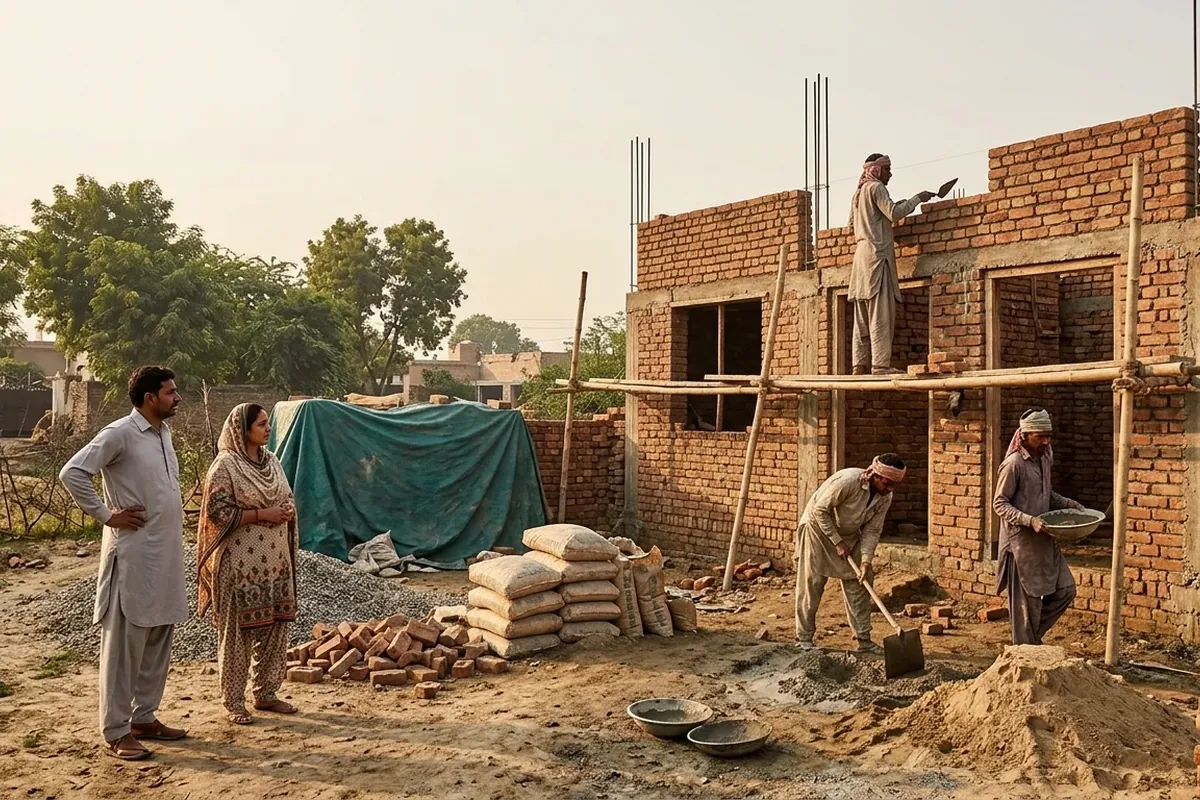 Family watching construction of their new house in Punjab under the Maryam Nawaz house loan scheme