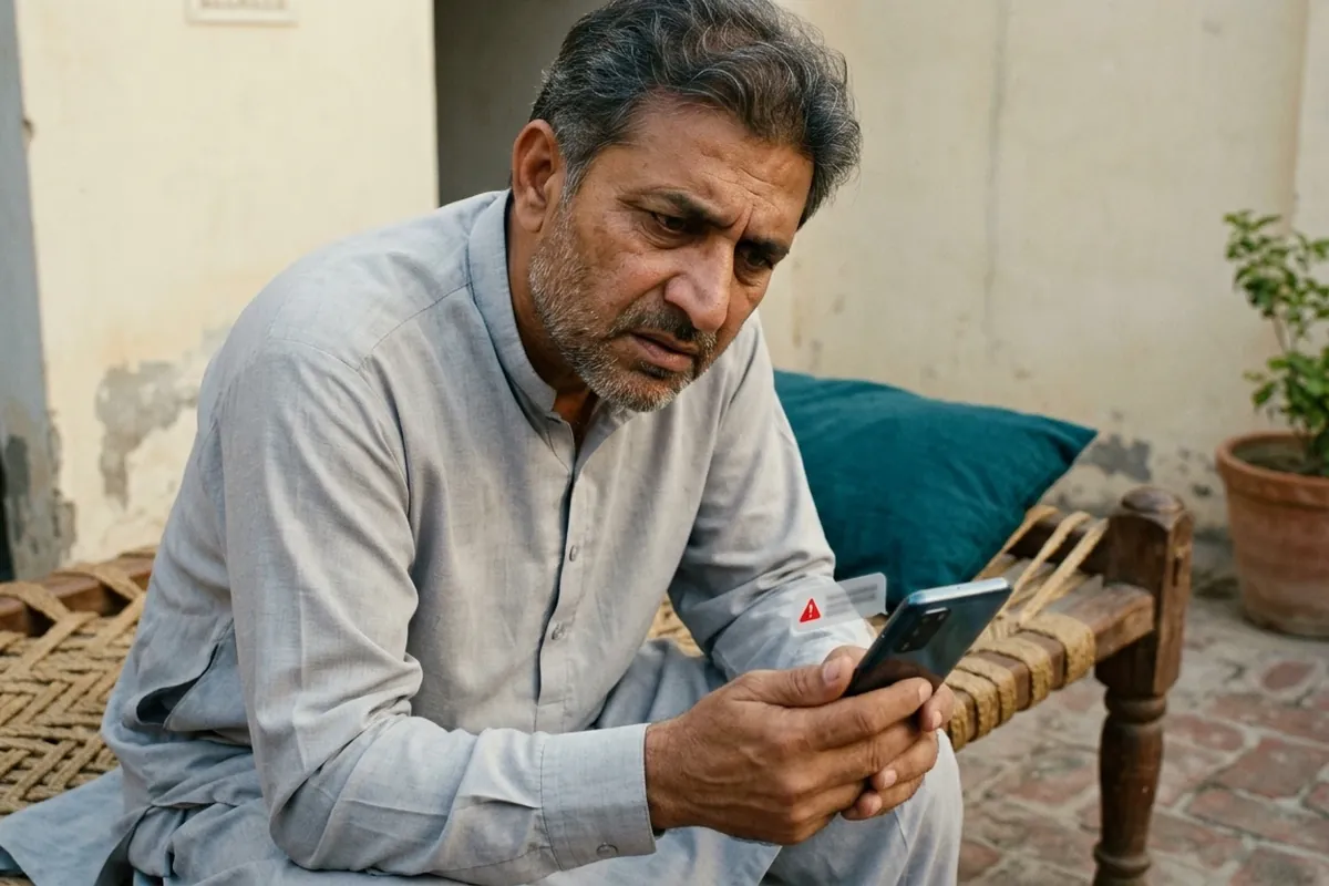 Man checking a suspicious WhatsApp message offering a Maryam Nawaz loan scheme 2026 approval for a fee