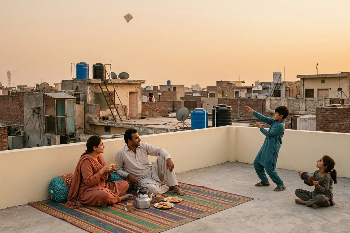 Family relaxing on a strengthened, safe rooftop of their repaired home in Lahore suburbs