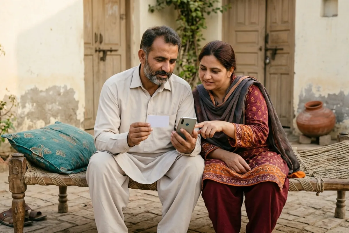 Pakistani man applying for Apna Ghar Mehfooz Ghar online on a phone at home