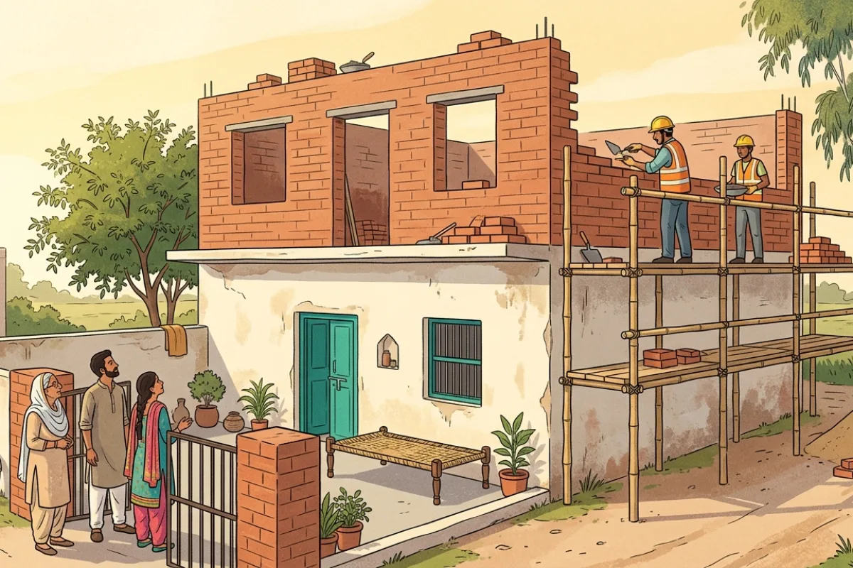 Second storey being built on top of a small house in Punjab, the Rs1 million Mehfooz Chhat category
