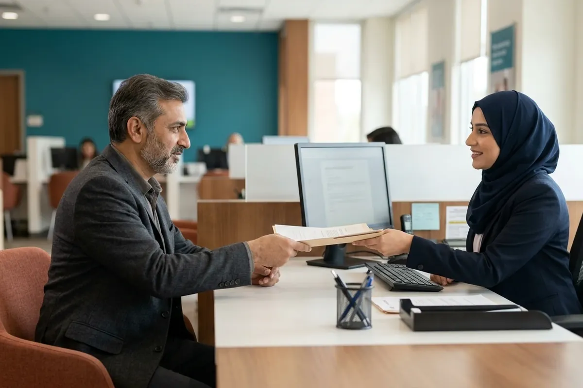 Man submitting a housing loan application form at a Pakistani bank branch counter