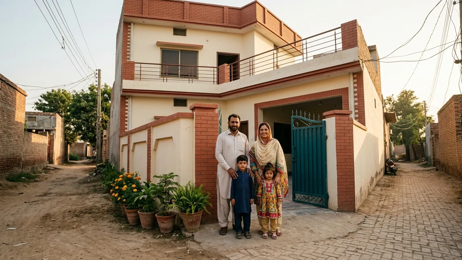 Pakistani family standing outside their new 5 marla house bought with a Mera Ghar Mera Ashiana housing loan