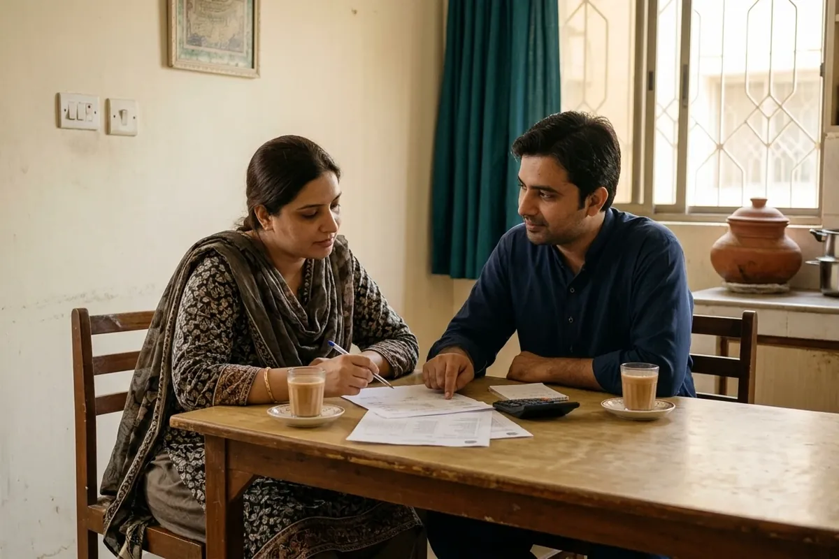 Pakistani couple planning their mera ghar mera ashiana monthly instalment at a kitchen table