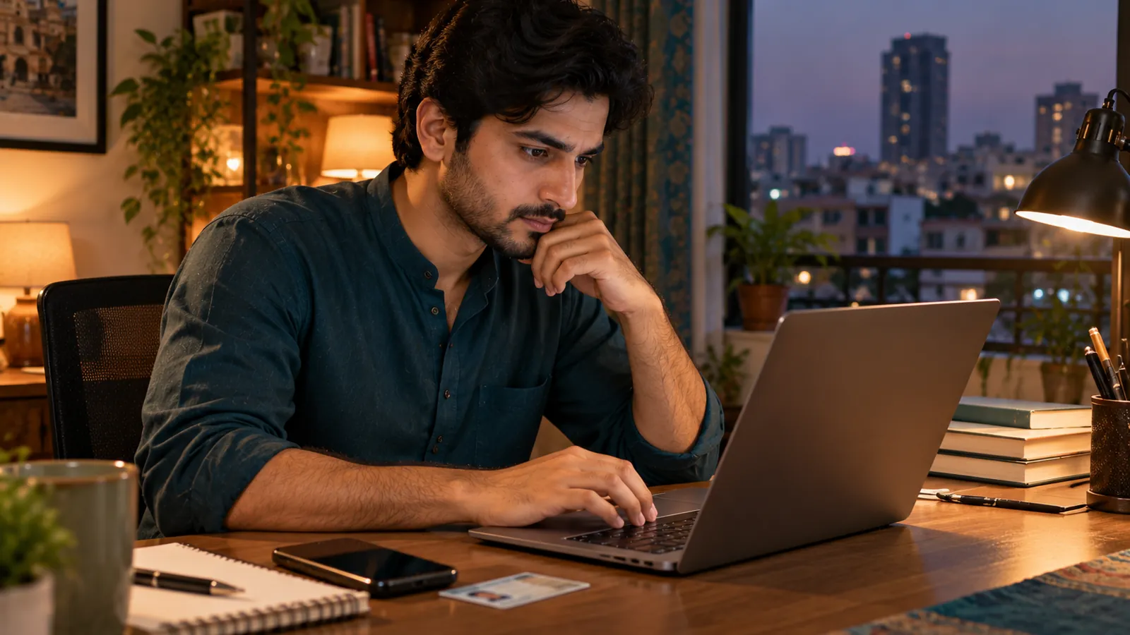 Young man in Karachi applying for a loan online on a laptop with his phone and ID card beside him