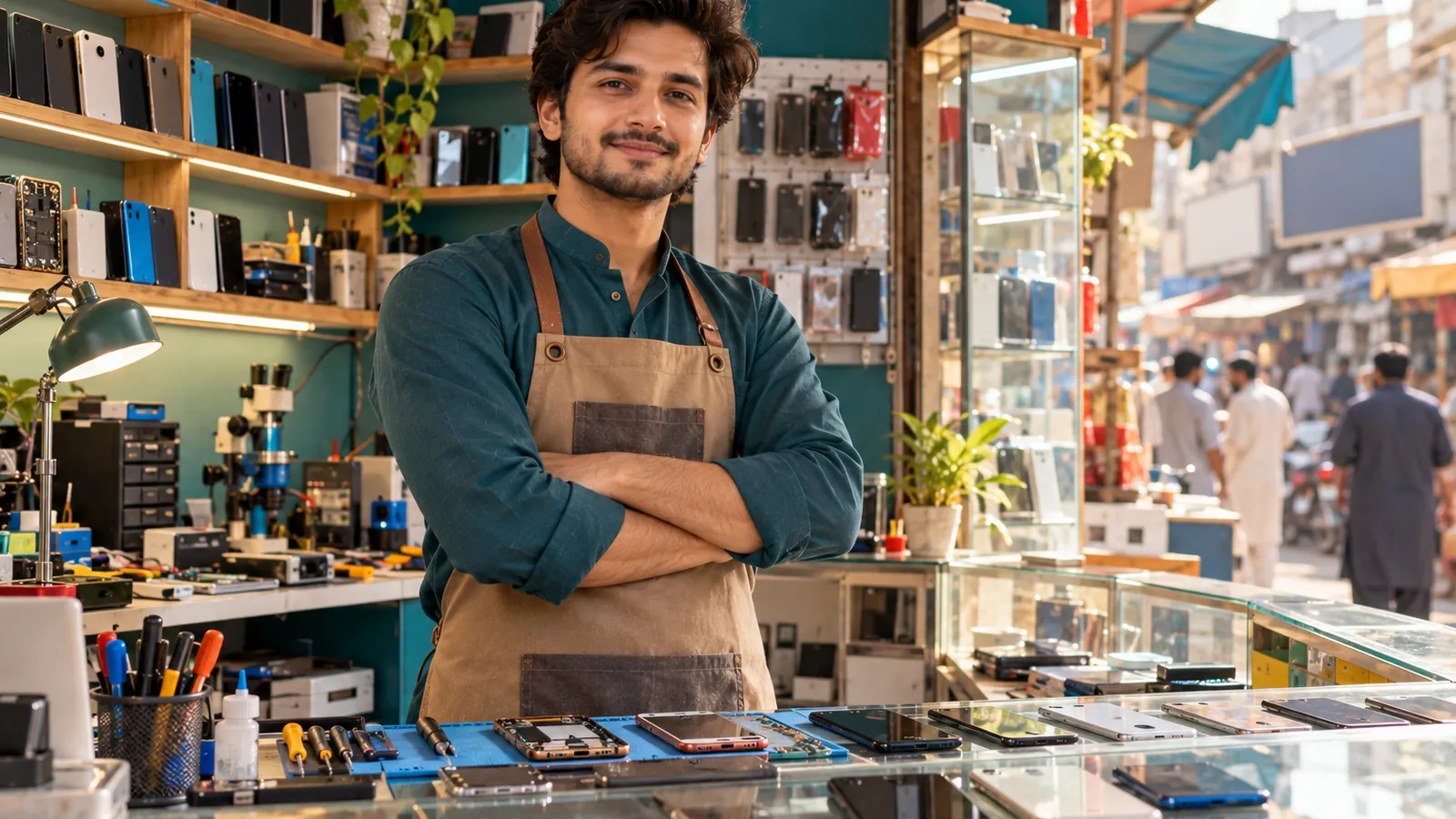 Young Pakistani entrepreneur in the mobile repair shop he opened with a PM youth loan